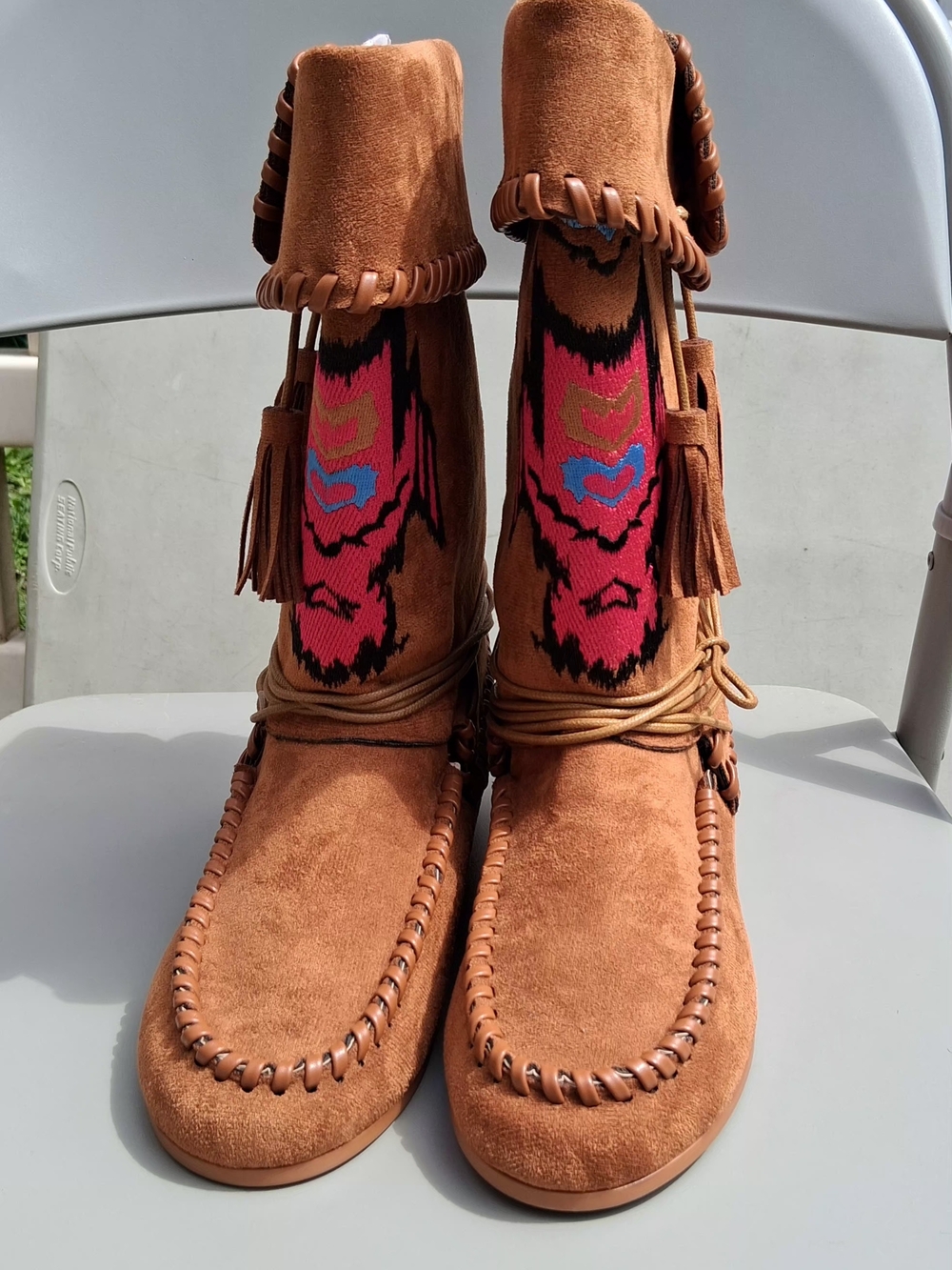 Brown Suede Fringe Moccasins with Pink & Blue Knit Accent - Picture 2 of 9